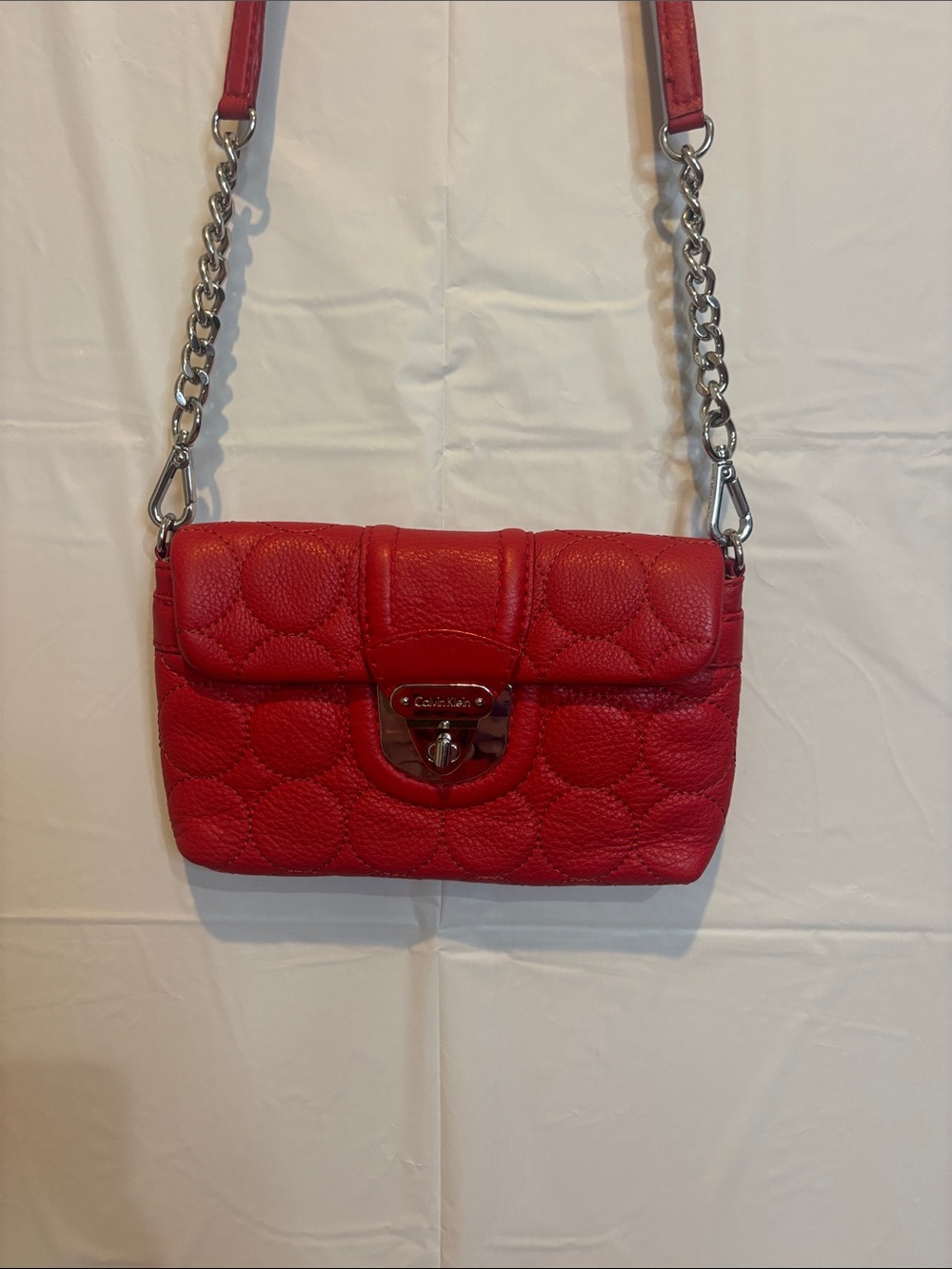 Calvin Klein Red Quilted Flap Leather Crossbody Mini Bag